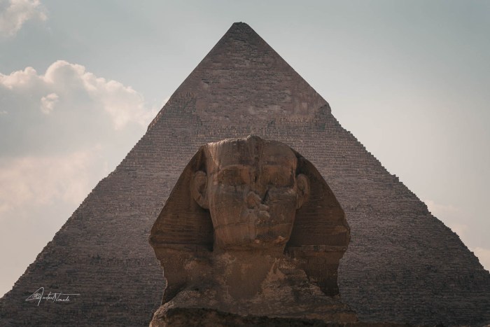 tête du sphynx avec la pyramide derriere